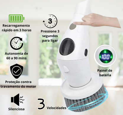 Escova elétrica de limpeza, 3 velocidades, painel de bateria digital, recarga rápida,  en 3 horas e autonomia de até 90 minutos. Potente, silenciosa e eficiente para limpeza pesada.