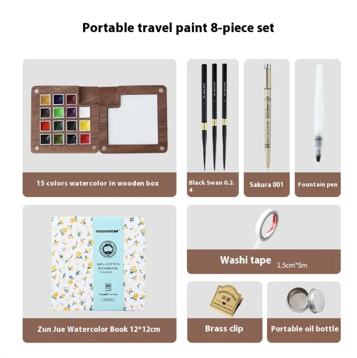 Mini Conjuntos de Aquarela: pincel, aquarela sólida e caderno - Diversos Kits de cores