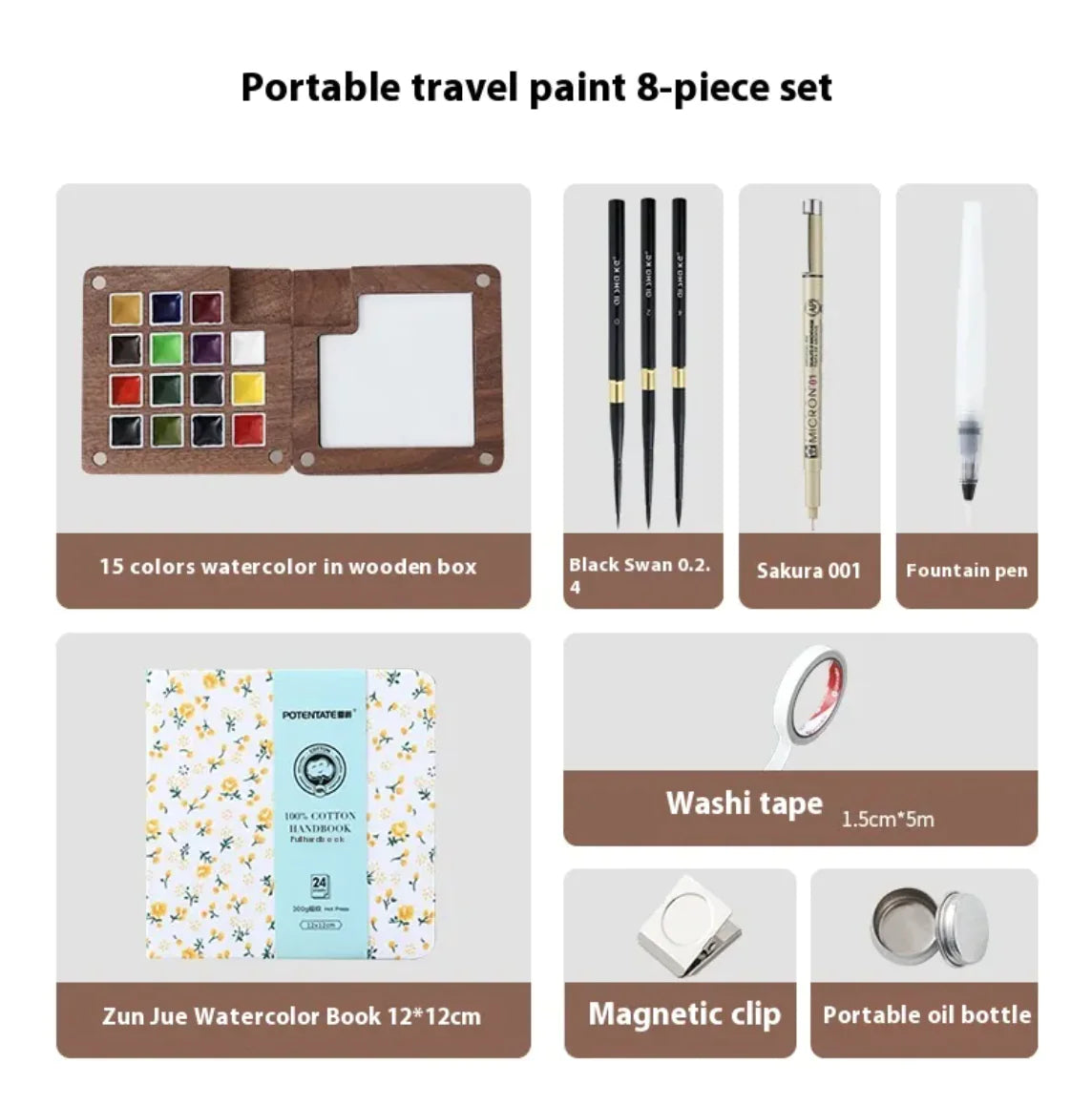 Mini Conjuntos de Aquarela: pincel, aquarela sólida e caderno - Diversos Kits de cores